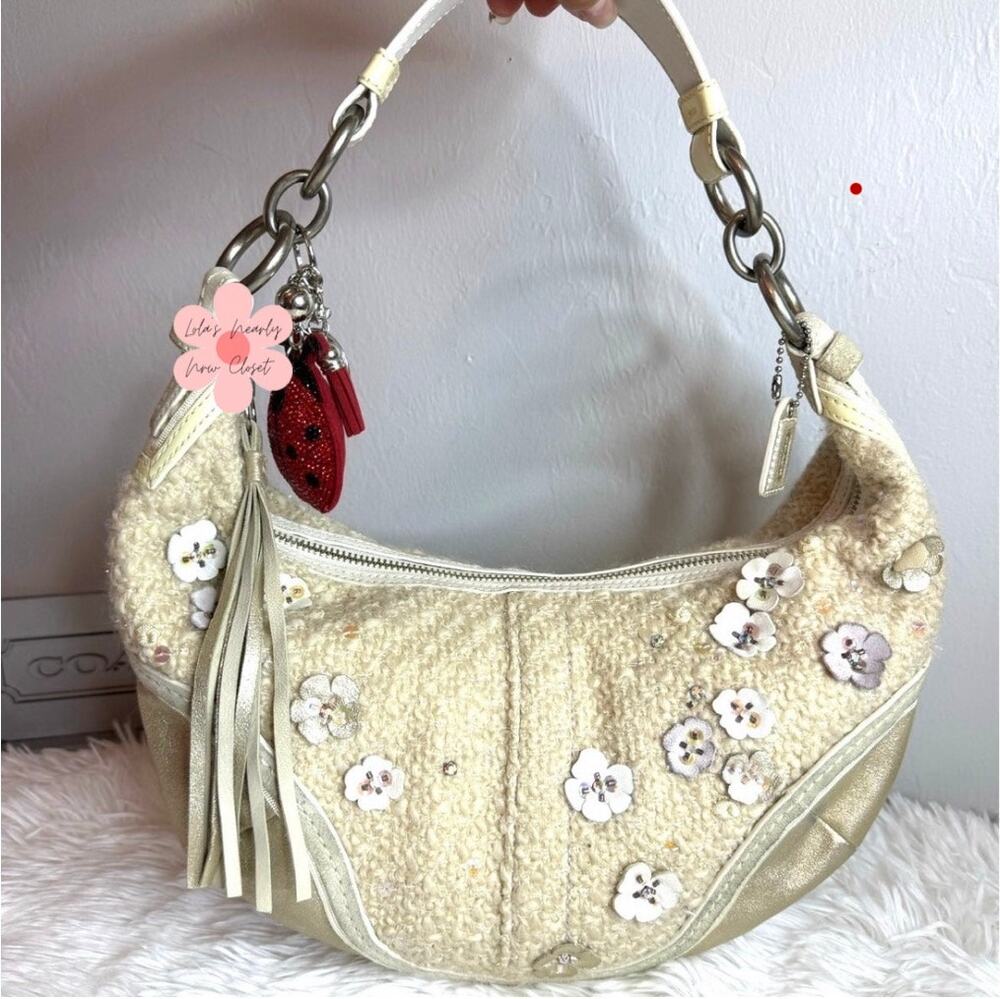 RARE y2k Coach Vintage Chelsea Tweed Hobo In Sequin Tea Rose Hobo Shoulder Bag